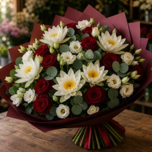 Buchet cu nuferi albi si trandafiri rosii - poza 3