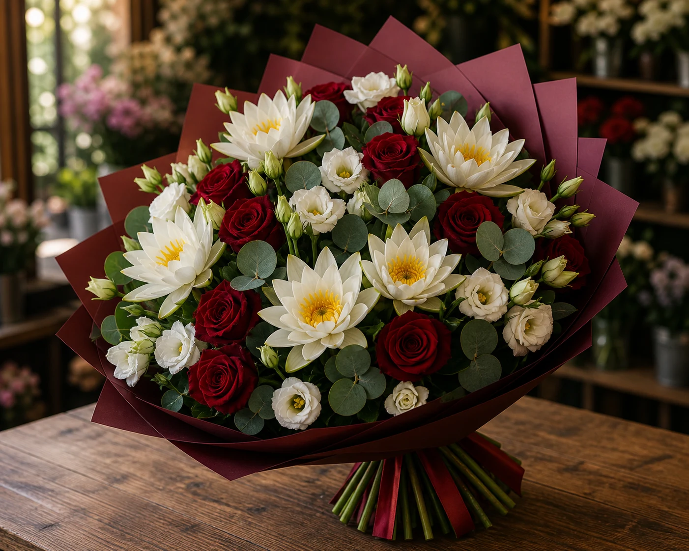 Buchet cu nuferi albi si trandafiri rosii - poza 3