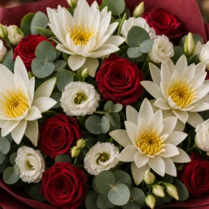 Buchet cu nuferi albi si trandafiri rosii - poza 4