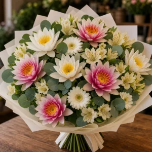 Buchet cu nuferi bicolori si alstroemeria crem - poza 1