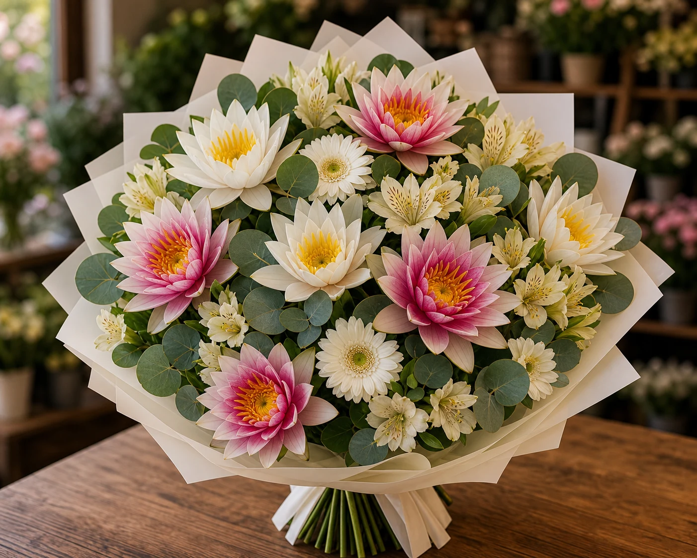 Buchet cu nuferi bicolori si alstroemeria crem - poza 1