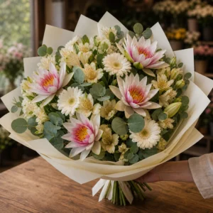 Buchet cu nuferi bicolori si alstroemeria crem - poza 2