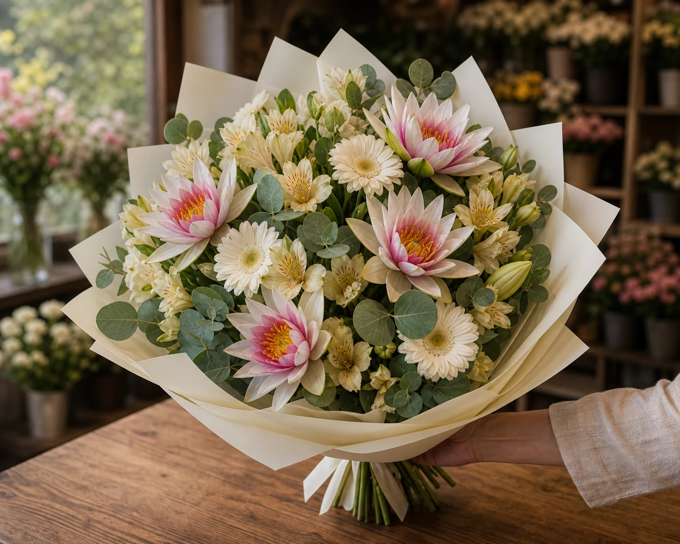 Buchet cu nuferi bicolori si alstroemeria crem - poza 2
