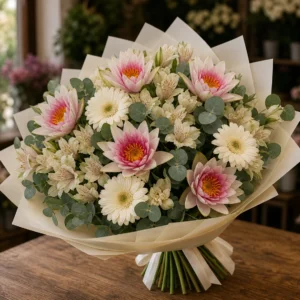 Buchet cu nuferi bicolori si alstroemeria crem - poza 3
