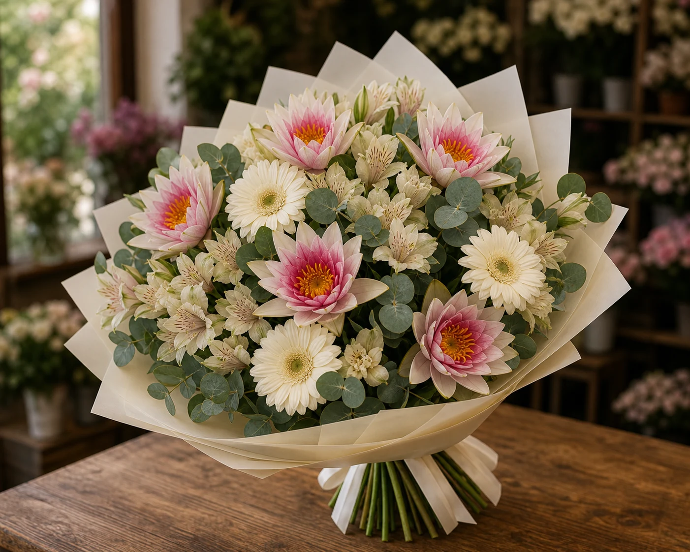 Buchet cu nuferi bicolori si alstroemeria crem - poza 3