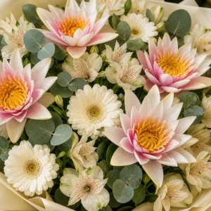 Buchet cu nuferi bicolori si alstroemeria crem - poza 4