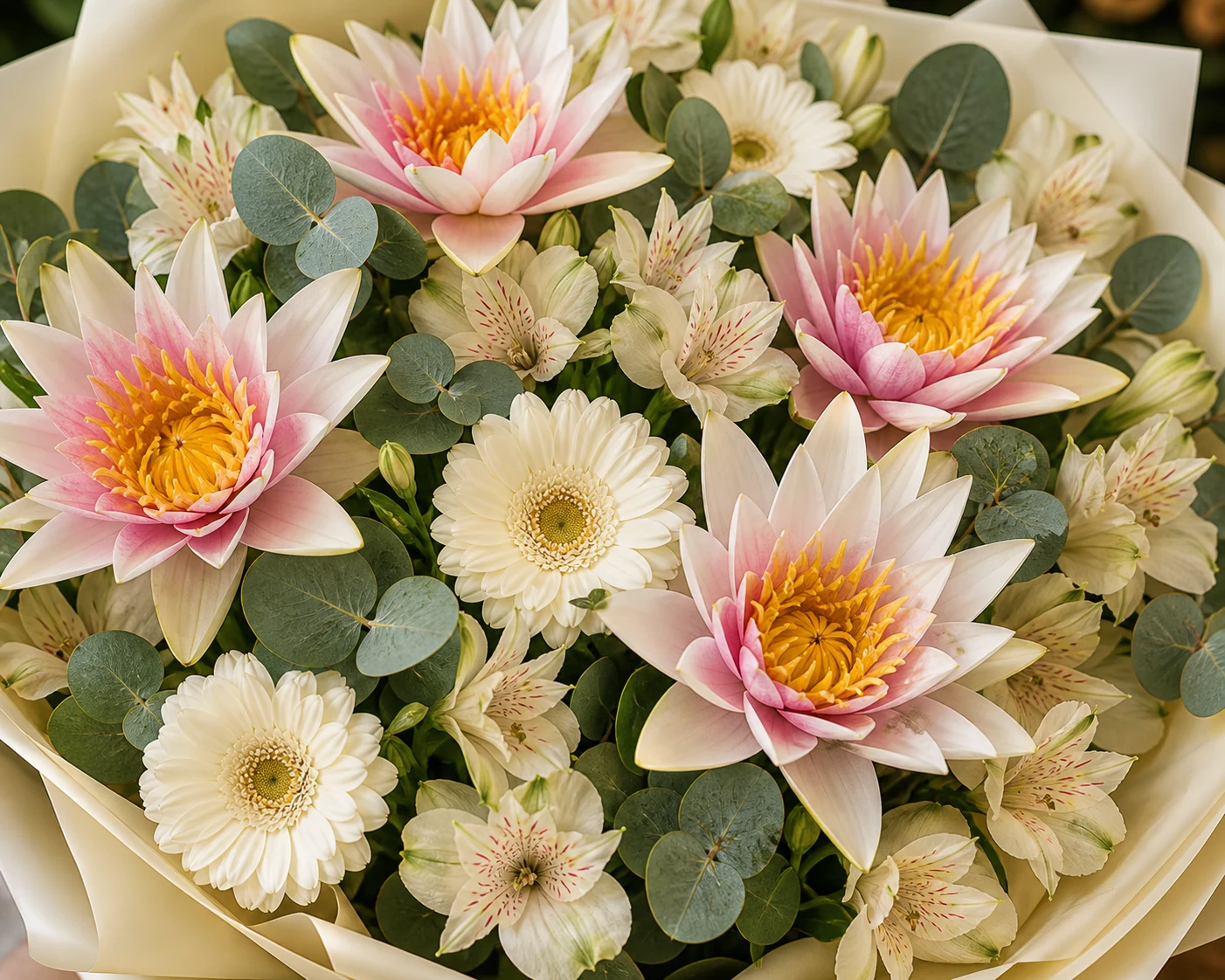 Buchet cu nuferi bicolori si alstroemeria crem - poza 4
