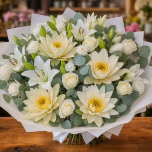 Buchet cu nuferi crem si crini albi - poza 1