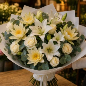 Buchet cu nuferi crem si crini albi - poza 2