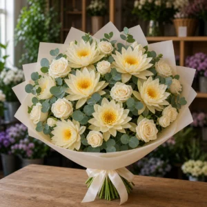 Buchet cu nuferi crem si trandafiri ivoire - poza 1