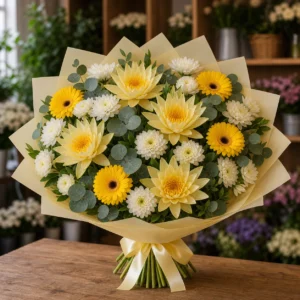 Buchet cu nuferi galbeni si gerbera luminoasa - poza 1