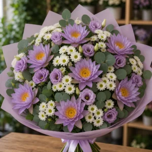 Buchet cu nuferi lila si santini alb - poza 1