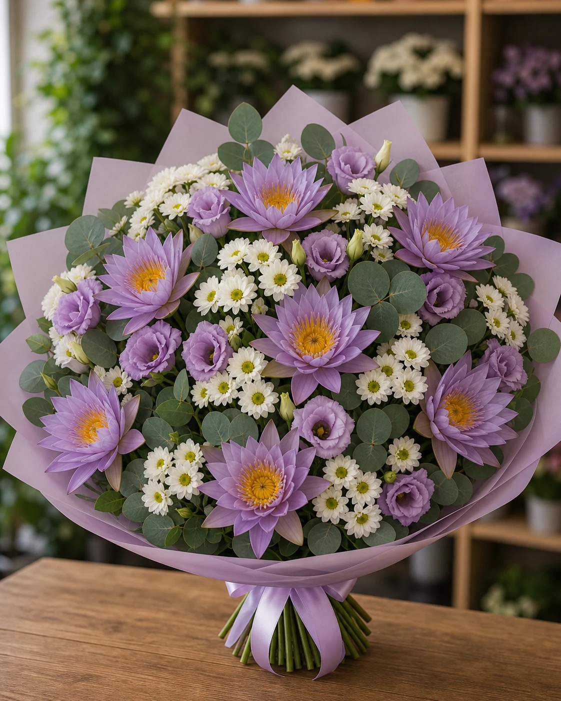 Buchet cu nuferi lila si santini alb - poza 1