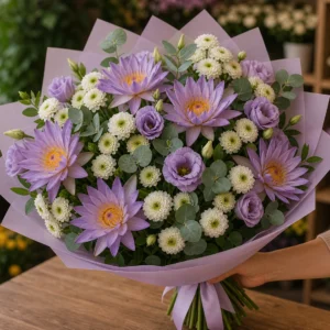 Buchet cu nuferi lila si santini alb - poza 2