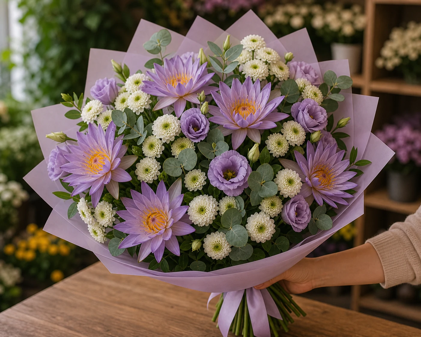 Buchet cu nuferi lila si santini alb - poza 2