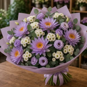 Buchet cu nuferi lila si santini alb - poza 3
