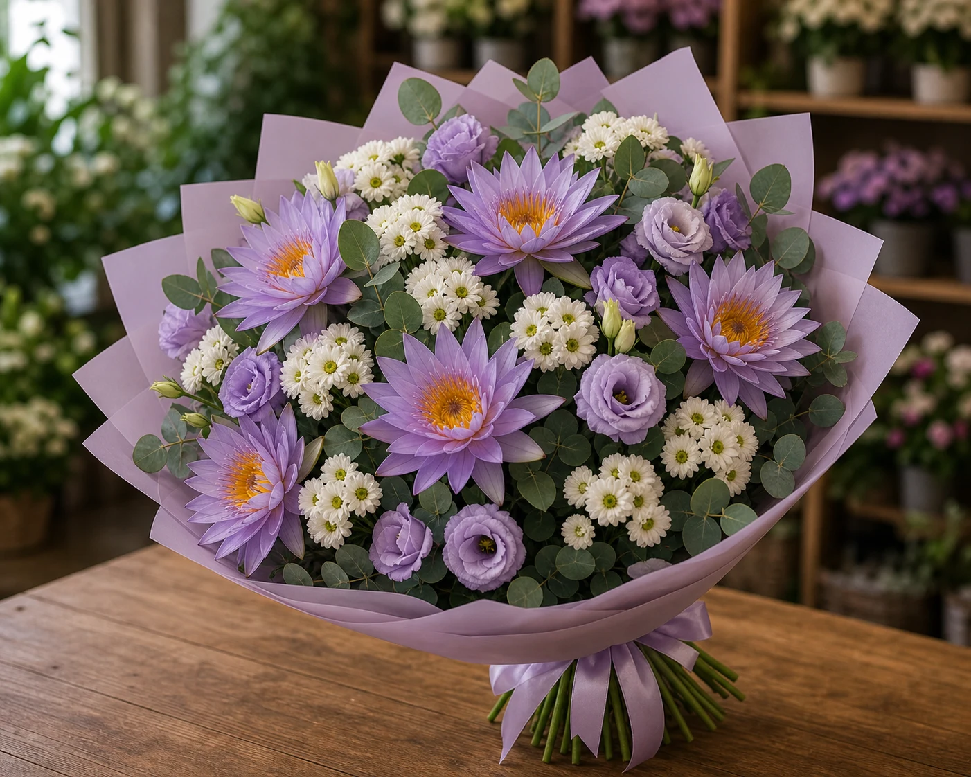 Buchet cu nuferi lila si santini alb - poza 3