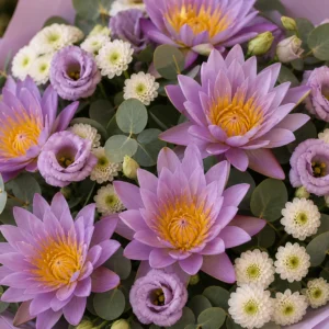 Buchet cu nuferi lila si santini alb - poza 4