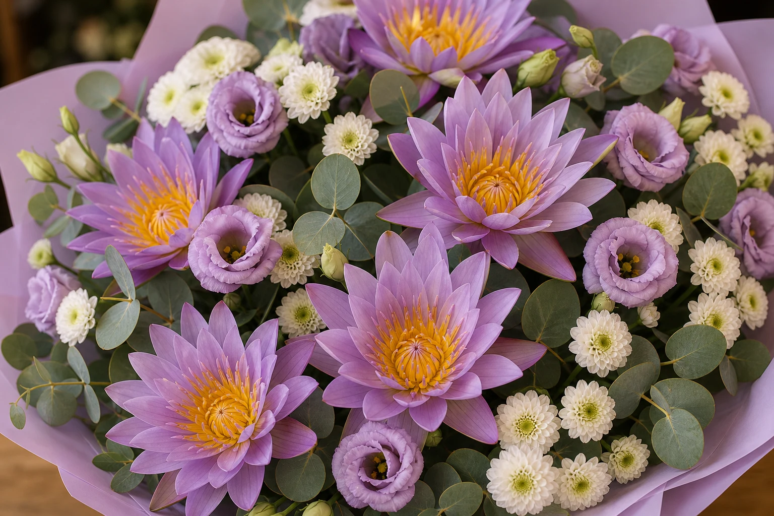 Buchet cu nuferi lila si santini alb - poza 4