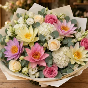 Buchet cu nuferi mixt pastel si trandafiri eleganti - poza 1