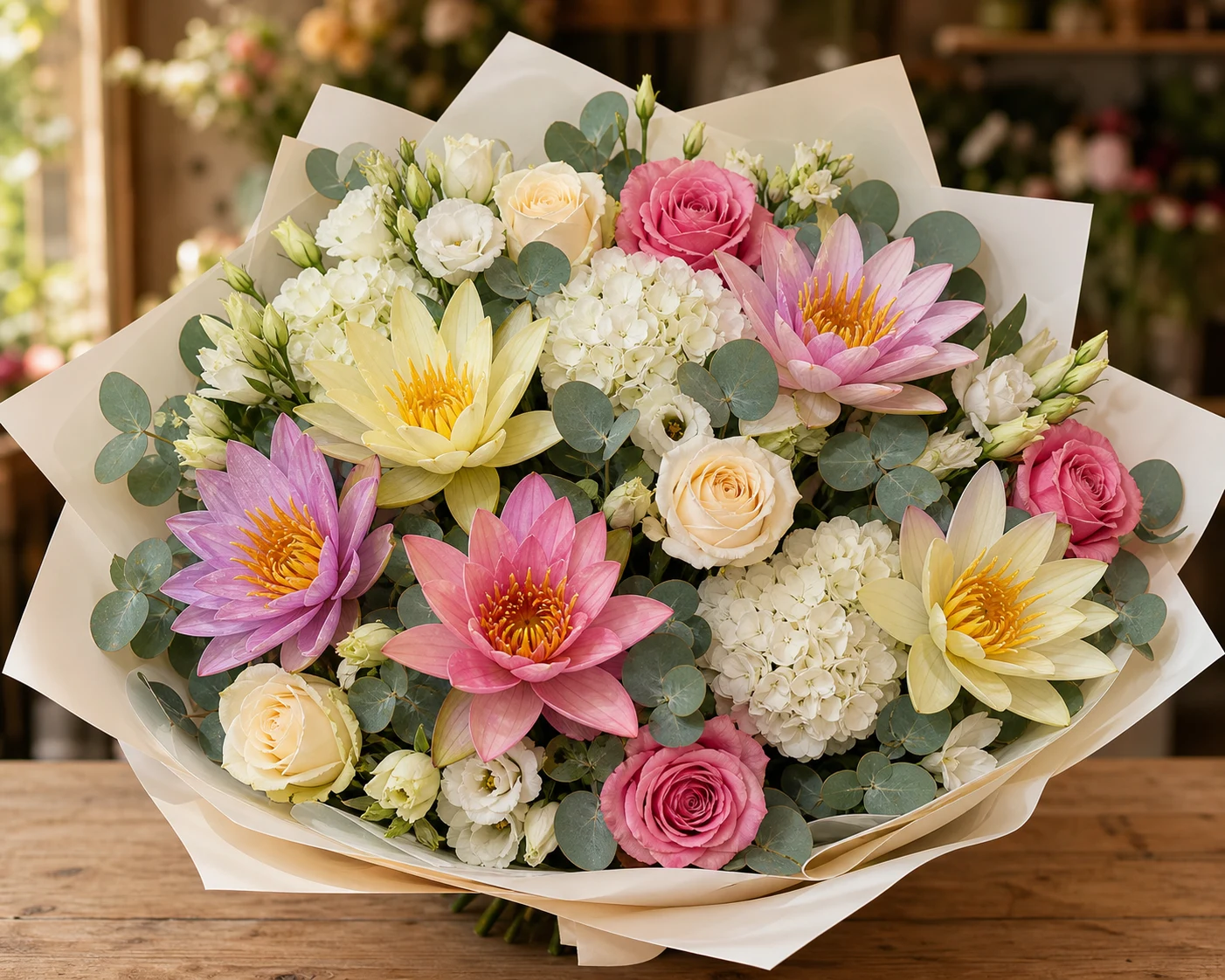 Buchet cu nuferi mixt pastel si trandafiri eleganti - poza 1