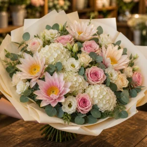 Buchet cu nuferi mixt pastel si trandafiri eleganti - poza 2