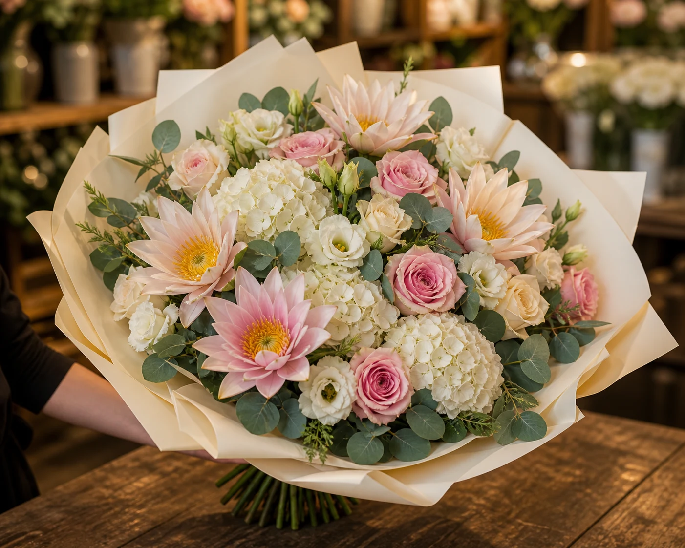 Buchet cu nuferi mixt pastel si trandafiri eleganti - poza 2
