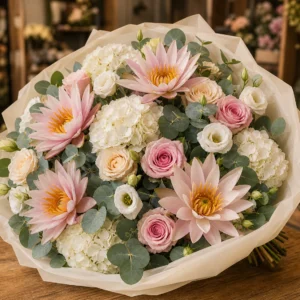 Buchet cu nuferi mixt pastel si trandafiri eleganti - poza 3