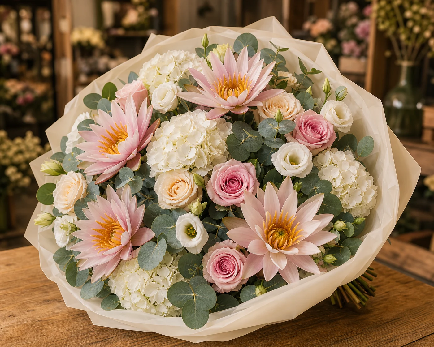 Buchet cu nuferi mixt pastel si trandafiri eleganti - poza 3