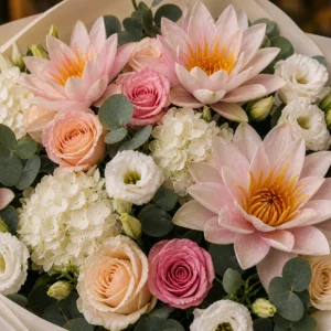 Buchet cu nuferi mixt pastel si trandafiri eleganti - poza 4