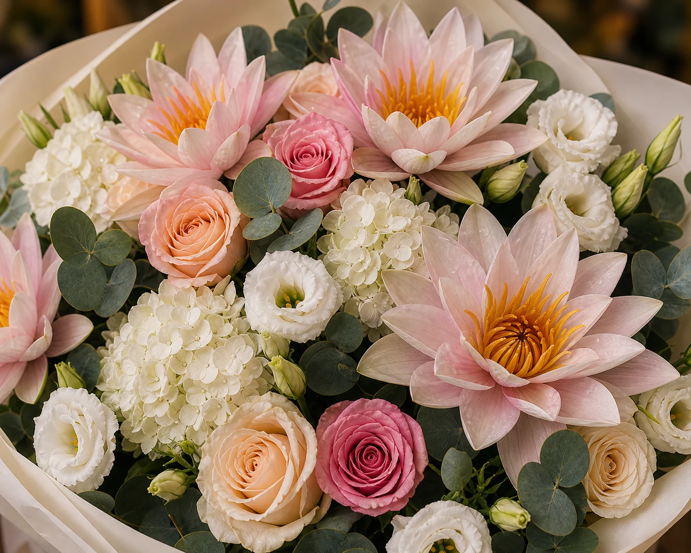 Buchet cu nuferi mixt pastel si trandafiri eleganti - poza 4