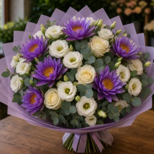 Buchet cu nuferi mov si lisianthus alb - poza 1