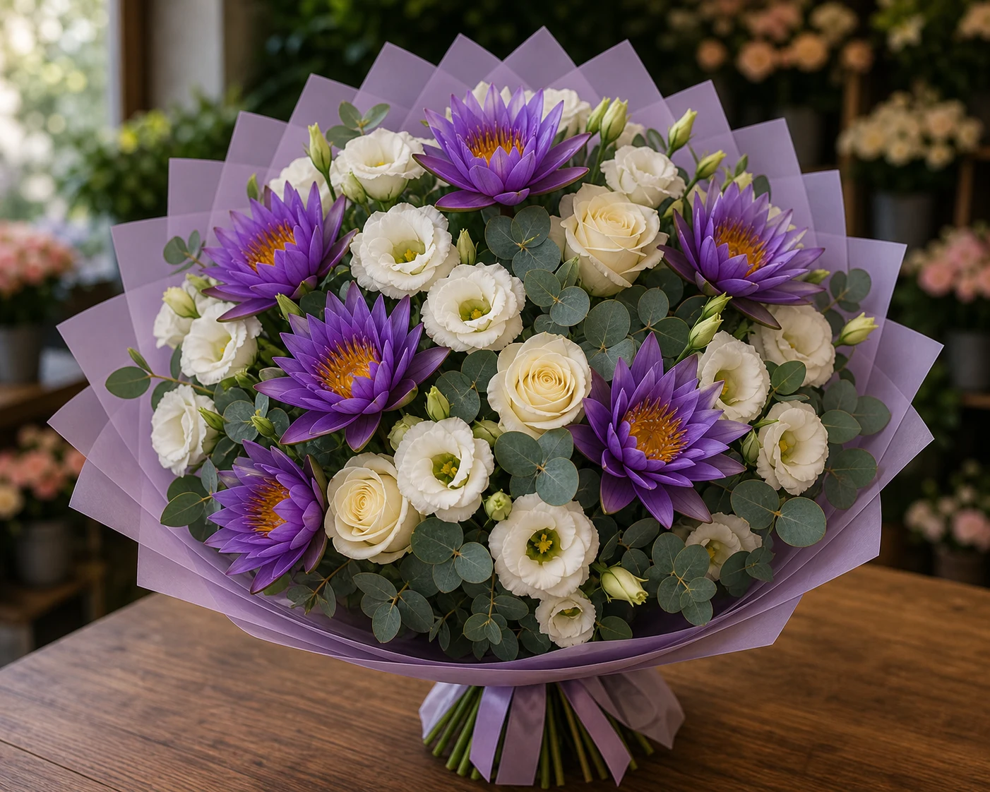 Buchet cu nuferi mov si lisianthus alb - poza 1