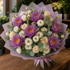 Buchet cu nuferi mov si lisianthus alb - poza 2