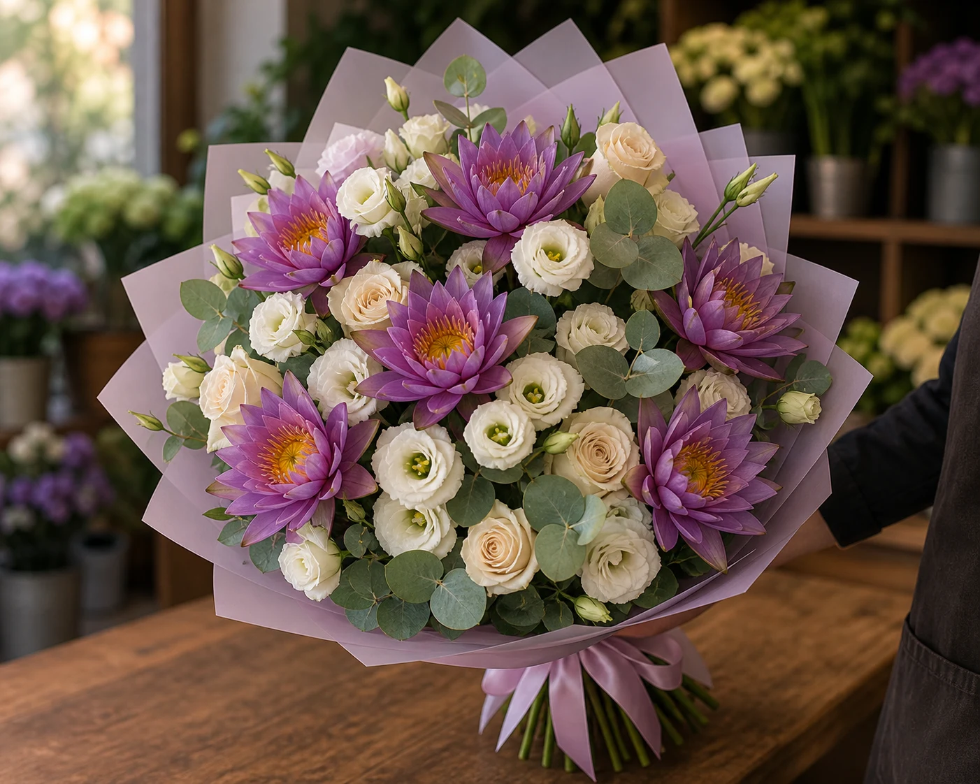 Buchet cu nuferi mov si lisianthus alb - poza 2