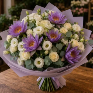 Buchet cu nuferi mov si lisianthus alb - poza 3