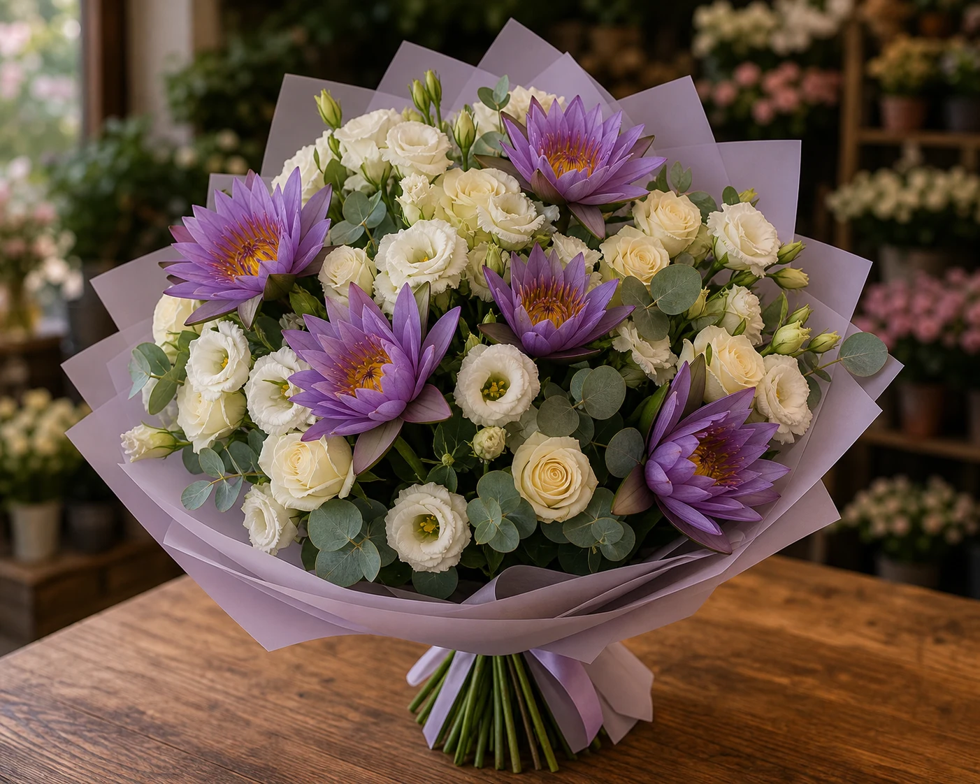 Buchet cu nuferi mov si lisianthus alb - poza 3