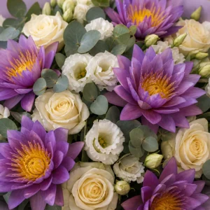 Buchet cu nuferi mov si lisianthus alb - poza 4