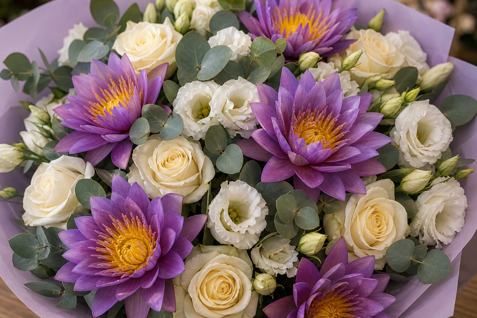 Buchet cu nuferi mov si lisianthus alb - poza 4