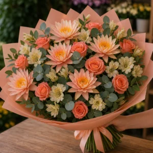 Buchet cu nuferi piersica si trandafiri somon - poza 2