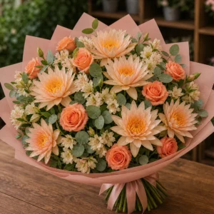 Buchet cu nuferi piersica si trandafiri somon - poza 3