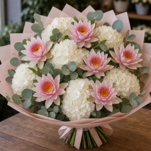 Buchet cu nuferi roz prafuit si hortensie alba - poza 1
