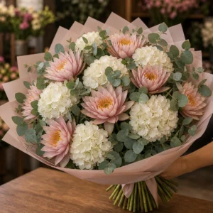 Buchet cu nuferi roz prafuit si hortensie alba - poza 2