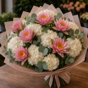 Buchet cu nuferi roz prafuit si hortensie alba - poza 3