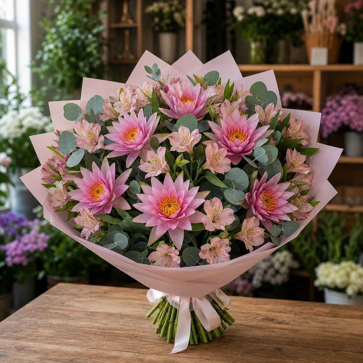 Buchet cu nuferi roz si alstroemeria pastel - poza 1