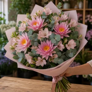 Buchet cu nuferi roz si alstroemeria pastel - poza 2