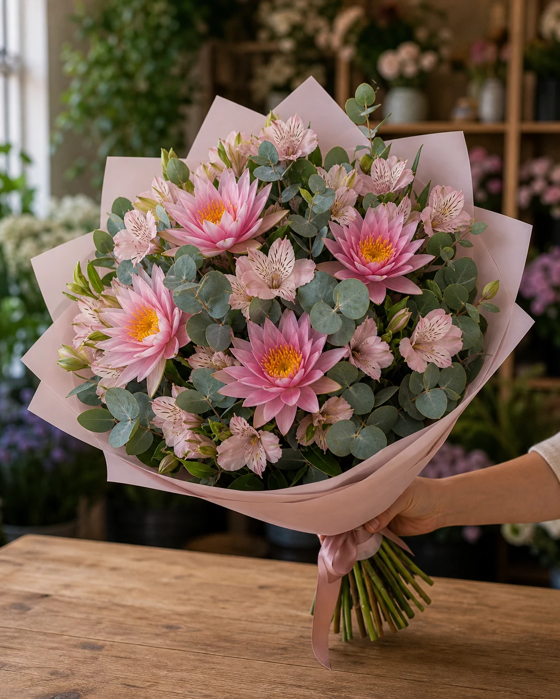 Buchet cu nuferi roz si alstroemeria pastel - poza 2