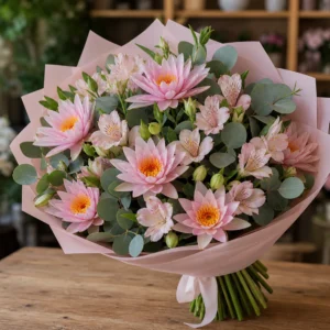 Buchet cu nuferi roz si alstroemeria pastel - poza 3