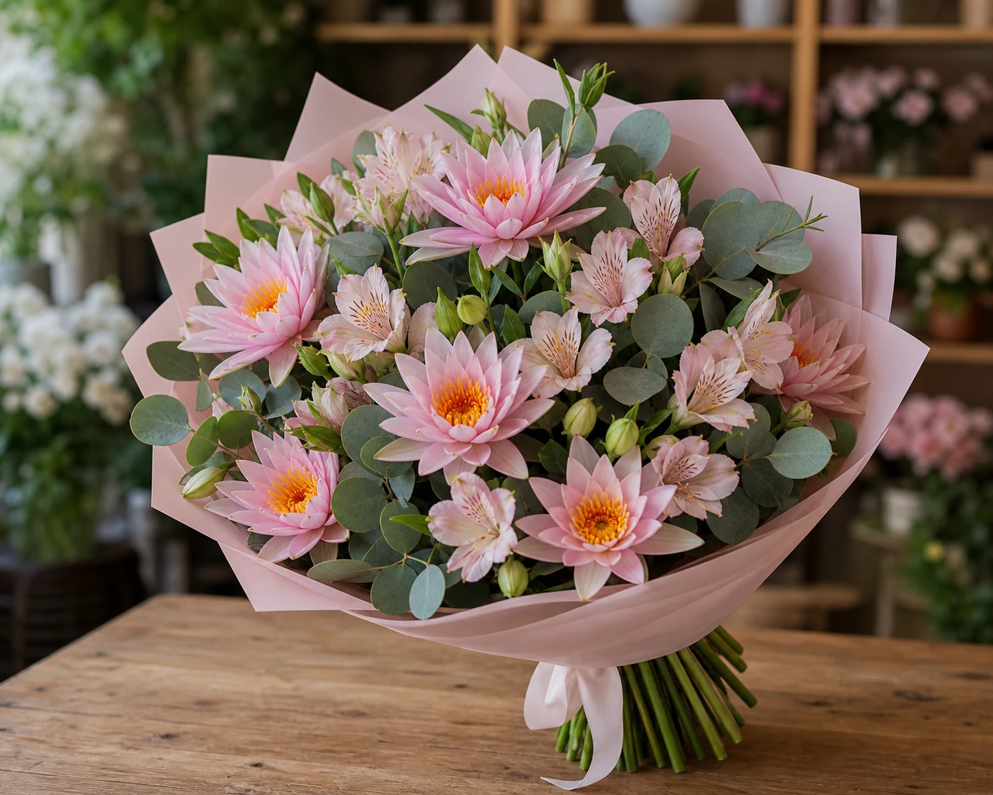 Buchet cu nuferi roz si alstroemeria pastel - poza 3
