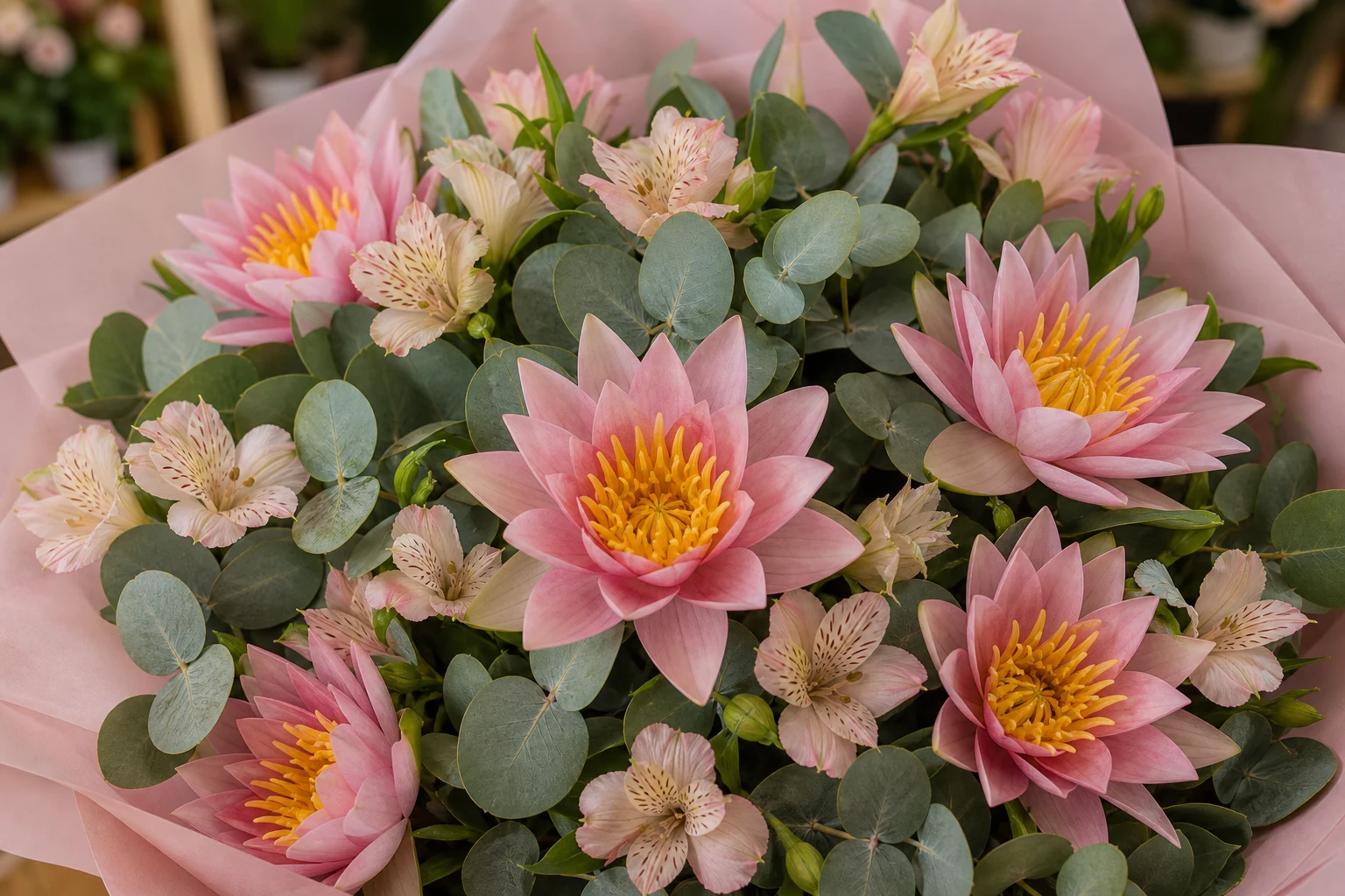 Buchet cu nuferi roz si alstroemeria pastel - poza 4